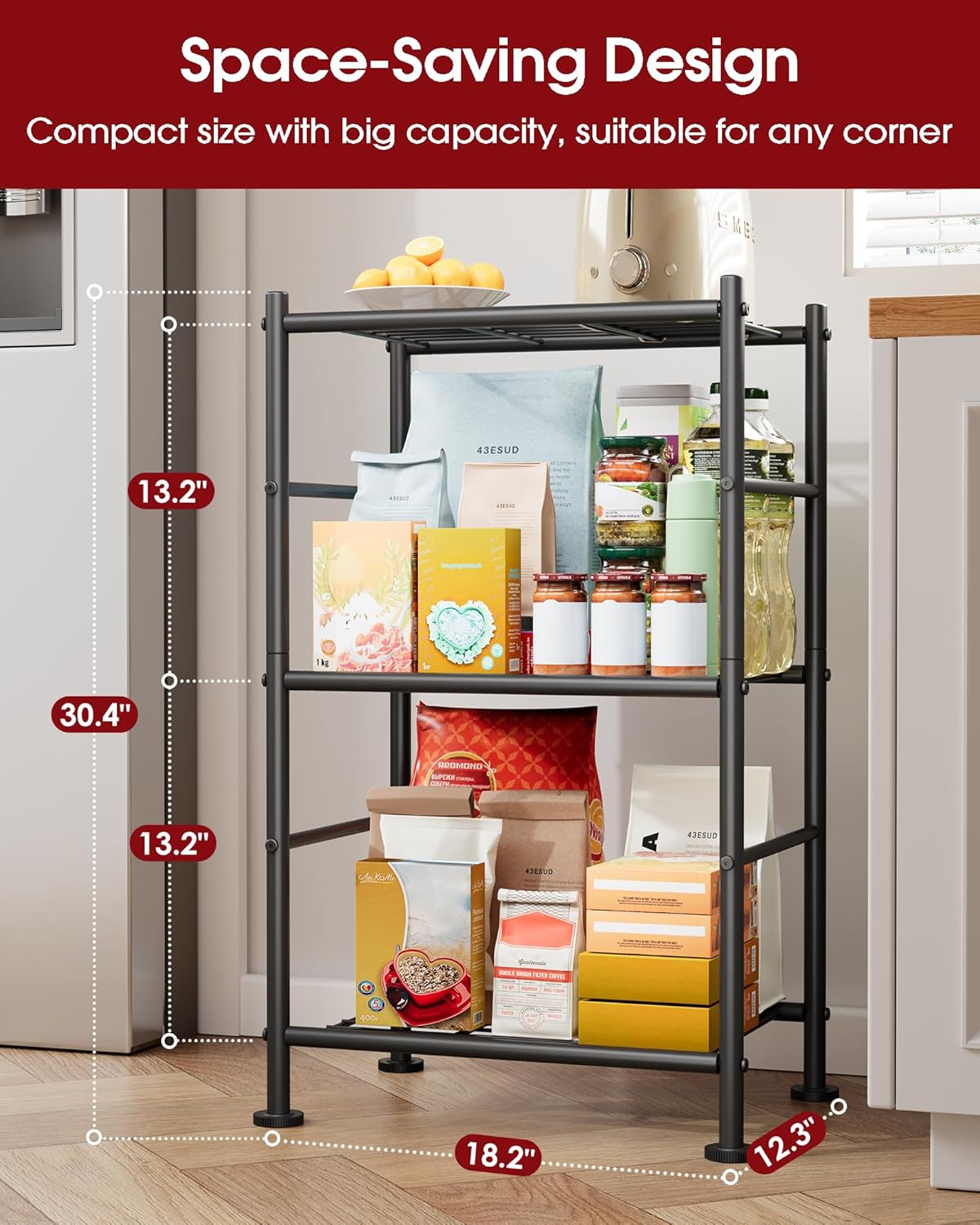 2-Pack Storage Shelves - 3-Tier Metal Wire Shelf Organizer, Slim Shelf Rack with Adjustable Feet for Laundry Room, Kitchen, Garage Organization, 18.2" x 12.3" x 30.4", Black