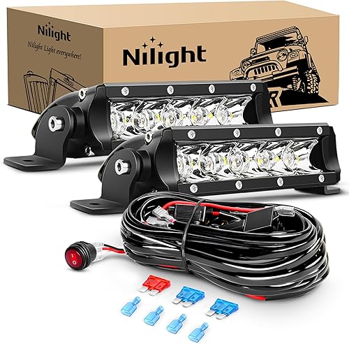 Nilight 2 barras de luz LED súper delgadas de 7 pulgadas y 30 W, luz antiniebla de conducción de una sola fila y arnés de cableado todoterreno, 2