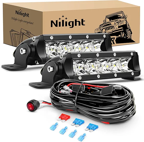 Nilight - ZH025 2PCS 7 Inch 30W Super Slim Spot Led Light Bar Driving Fog Light Single Row Off Road led Lights and Off Road Wiring Harness- 2 Leads, 2 Years Warranty