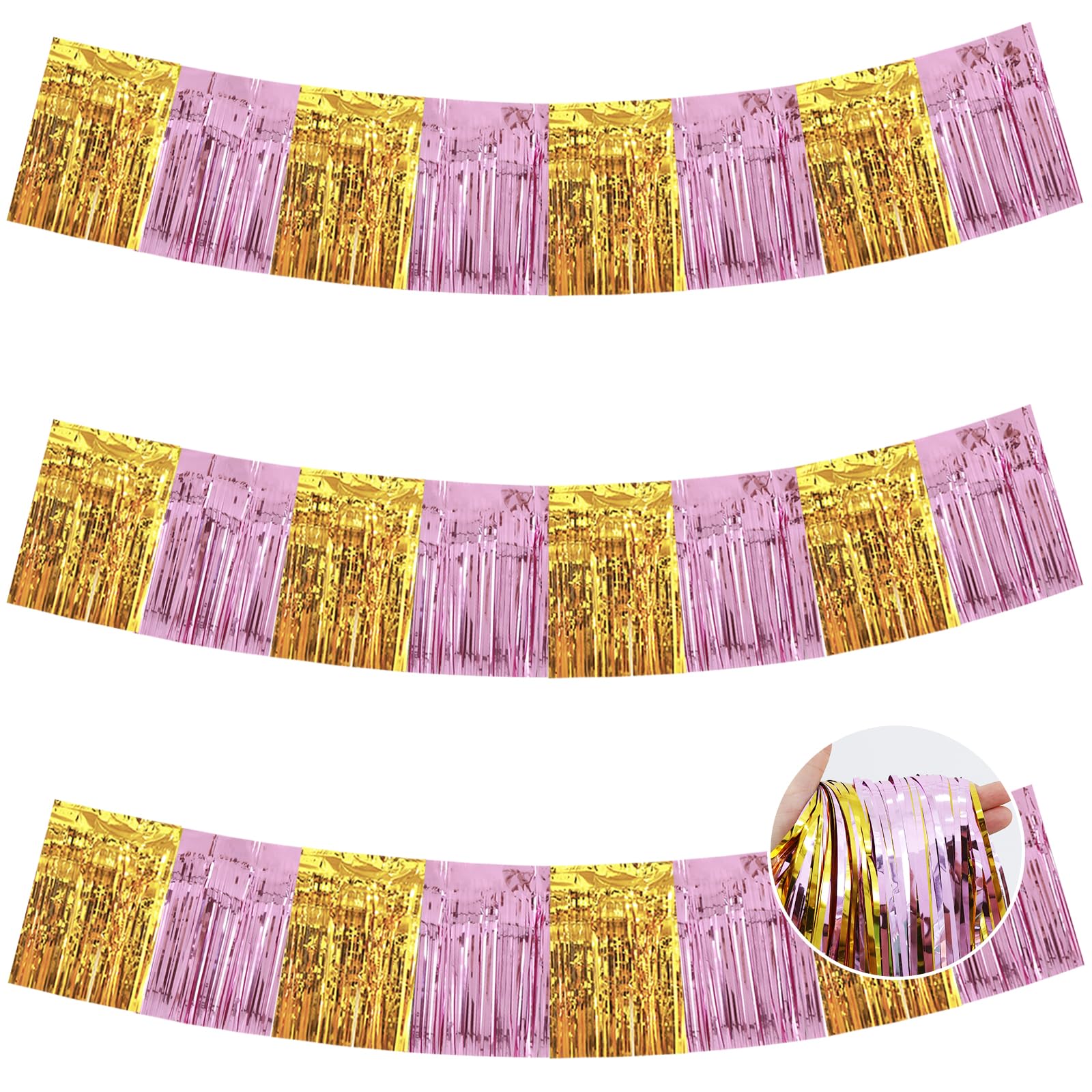 BEISHIDA 3 Pack Pink Gold Foil Fringe Garland 30ft Wall Tinsel Banner