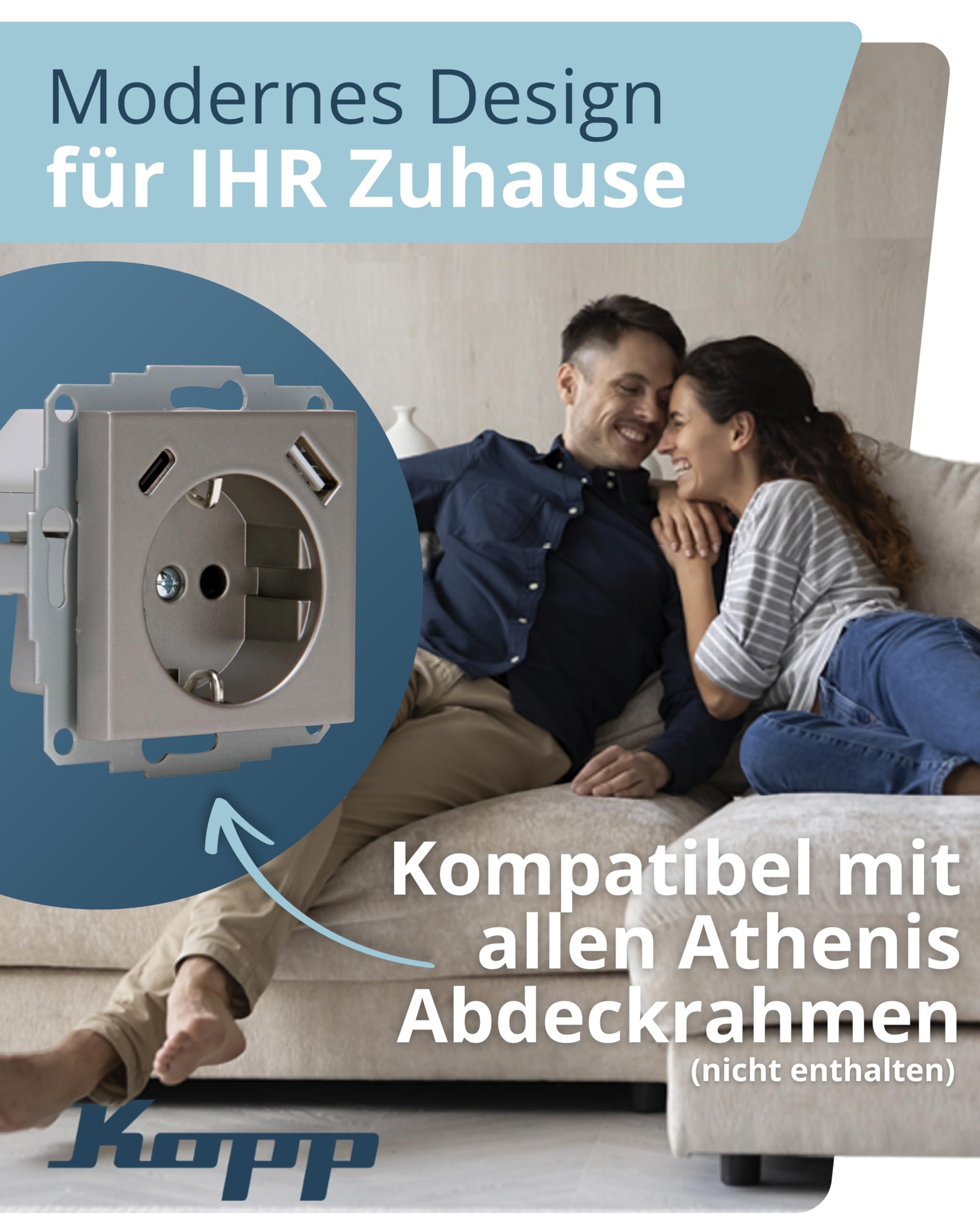Kopp ATHENIS Unterputz-Steckdose mit USB A & USB C in Stahlfarben – Schutzkontakt-Steckdose mit integrierten Ladebuchsen – 16 A / 250 V~ IP20 – Steckklemmen & erhöhter Berührungsschutz