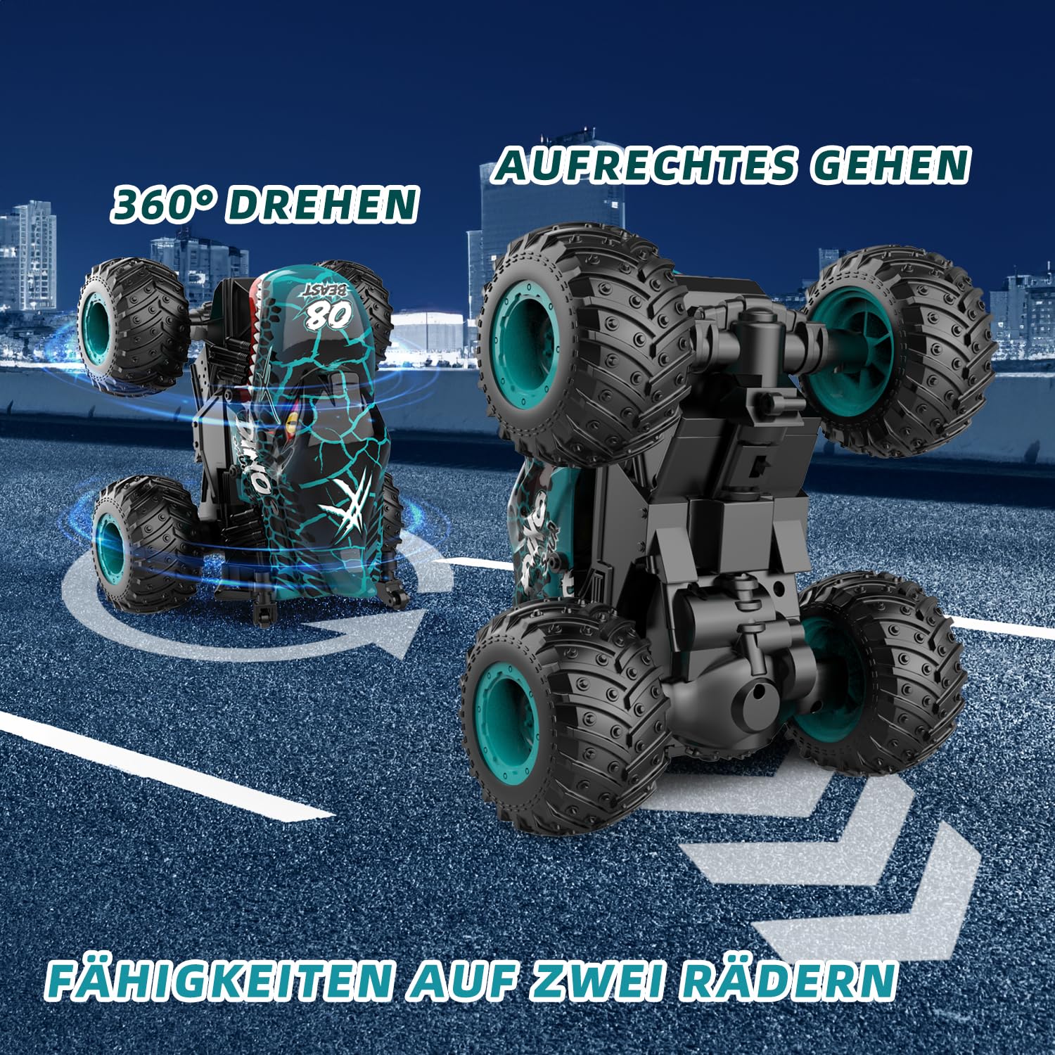 Ferngesteuertes Auto 2,4GHz RC Monstertruck 1:20 20 km/h 360° Drehung LED-Licht Dinosaurier Spielzeug ab 3 Jahre Jungen Mädchen