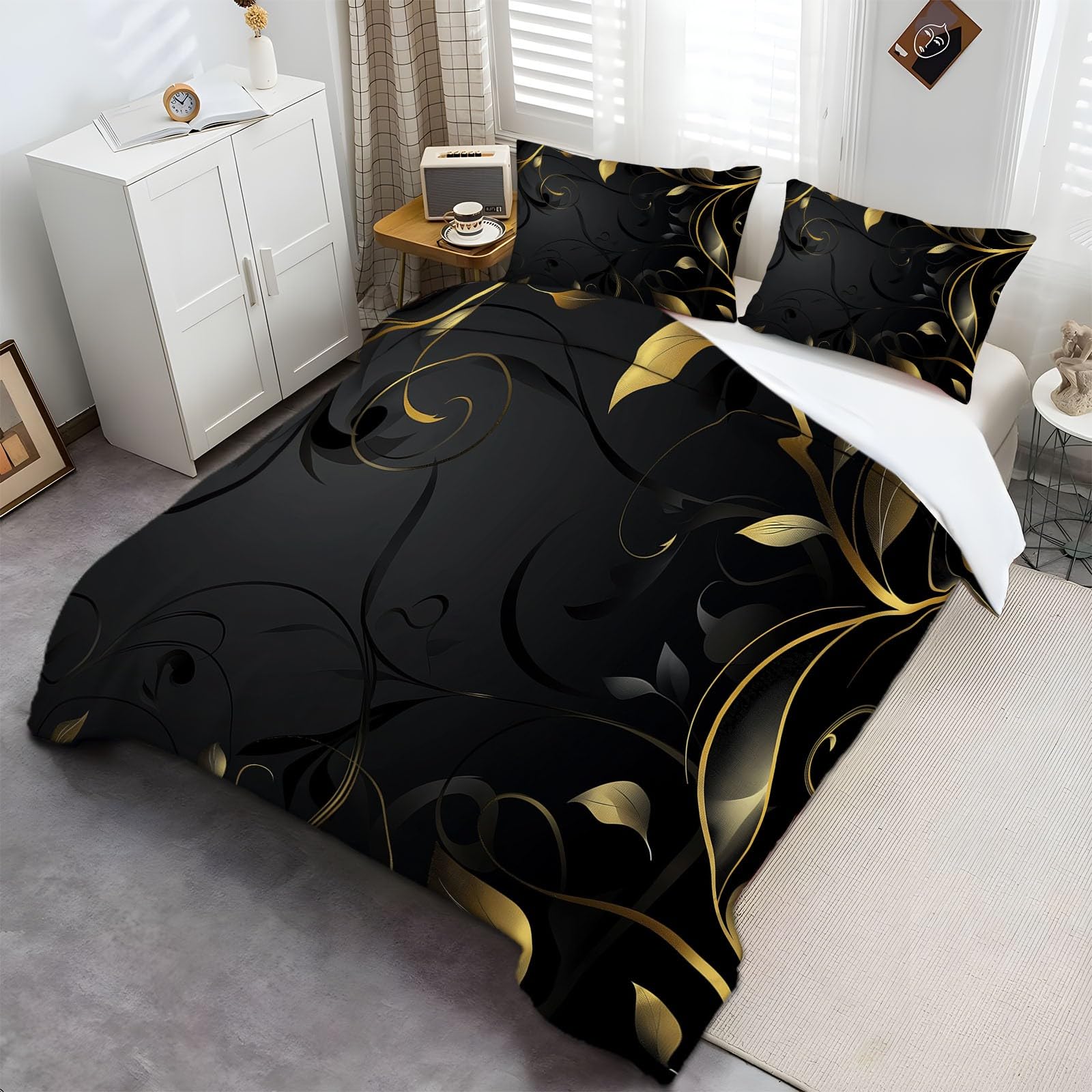 Funda nórdica 220 x 240 cm Flores Negras Y Doradas, Juego de Ropa de Cama para Lujo 3 Piezas, Incluye 1 Funda nórdica y 2 Fundas de Almohada 50 x 75 cm