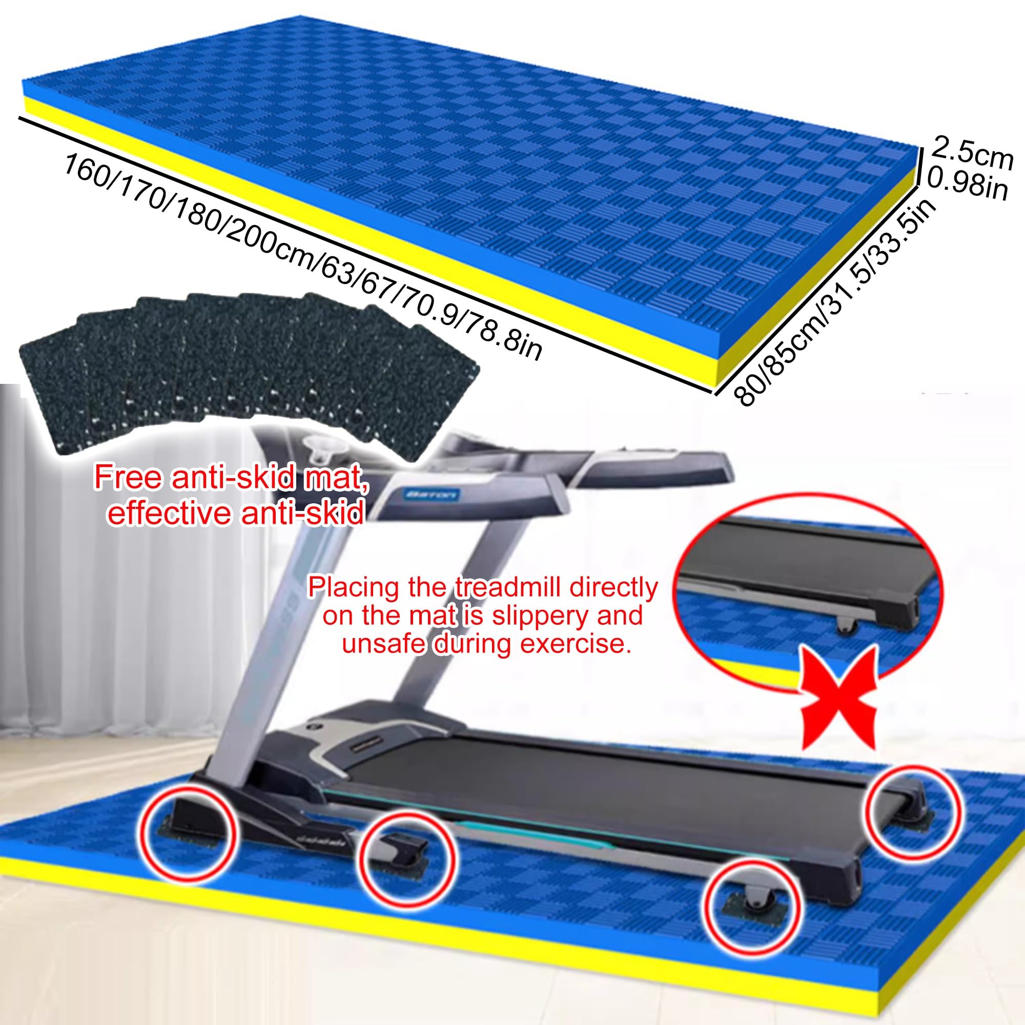 Alfombrilla para cinta de correr, Tapete para Equipo de Ejercicio, Tapete para Cinta De Correr Antideslizante, para cintas de correr, bicicletas, alfombrillas para remeros(Black+yellow,80x160x2
