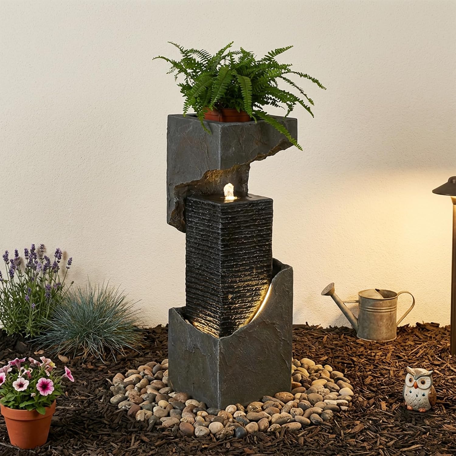 Bumilgar 35.4" H Garden Water Fountain Outdoor&Indoor, Floor Standing Outdoor Water Feature with LED Lights and Pump for Garden, Patio, Deck, Backyard, Porch and Home Art Decor, Gray