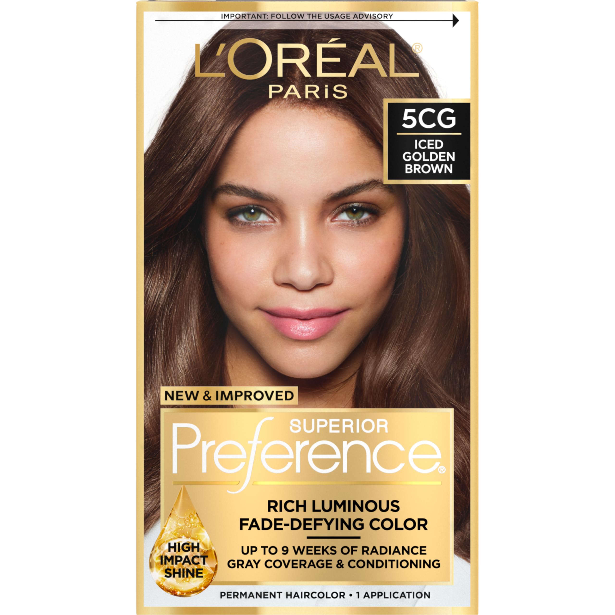 L'Oreal Paris Superior Preference Luminous Fade-Defying Permanent Hair Color, Hair Dye For Up to 9 Weeks of Radiance, Iced Golden Brown 5CG, 1 Hair Dye Kit