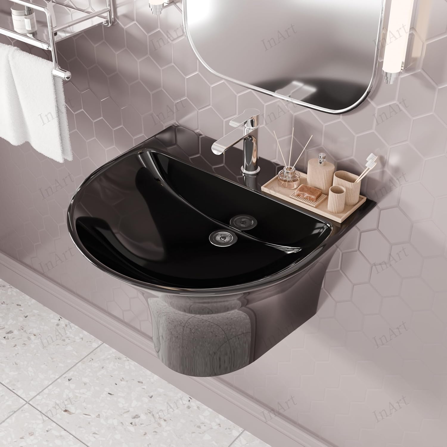 InArt Crystal Black Tempered Glass Oval Vessel Sink Bowl, Wall Hung/Half Pedestal Style Bathroom Sink, Luxury Faceted Design, Easy-Clean Gloss Finish, 19.3 x 16.9 x 13.8 in