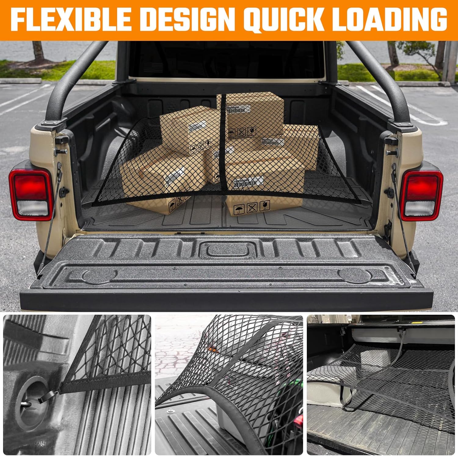 Truck Bed Mat and Cargo Net Compatible with 2020-2025 Jeep Gladiator 5FT Truck Bed Replacement, Truck Net TPE Cargo Bed Liner All Weather Cargo Mat for Jeep Gladiator Accessories