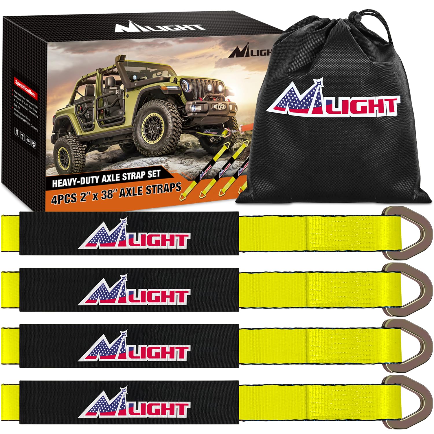 Nilight 2" x 38" Axle Tie Down Straps with D-Rings &amp; Protective Sleeves