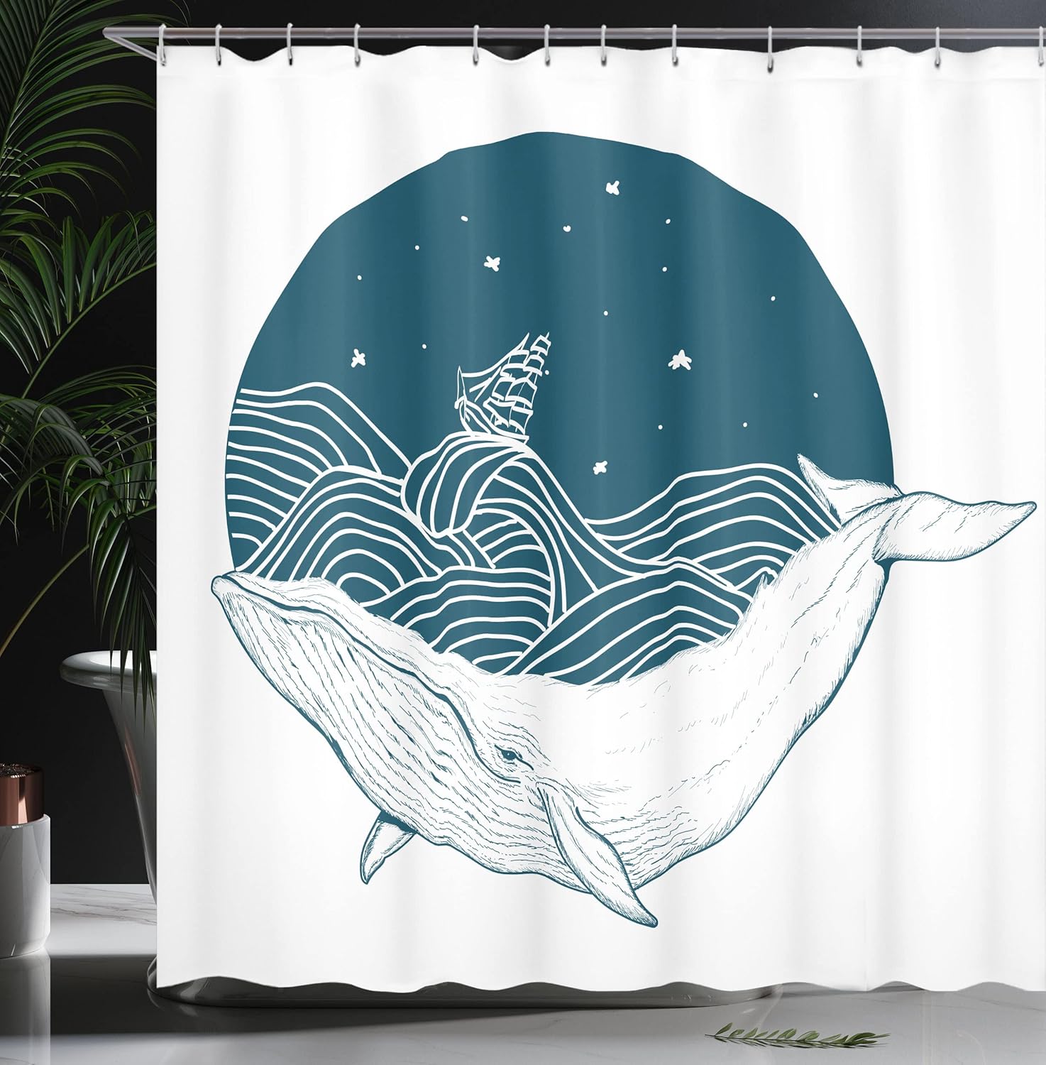 Ambesonne Whale Shower Curtain, Big Mammal Swimming in a Wavy Ocean Stars and Old Antique Ship Art Print, Cloth Fabric Bathroom Decor Set with Hooks, 69" W x 70" L, White Teal