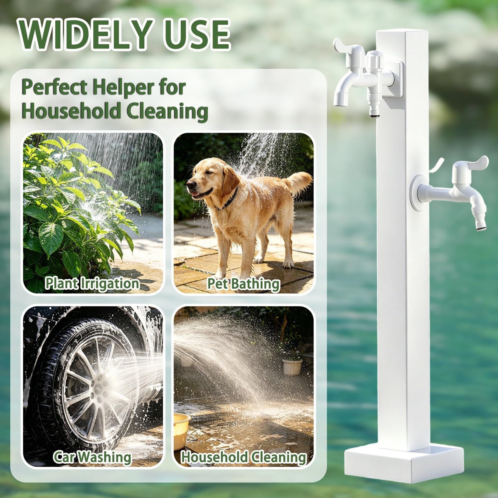 Columna De Agua De Jardín Independiente Cuadrada Blanca, Grifo para Exteriores Anticongelante 3 Salidas, Hidrante De Jardín, para Terraza Patio Césped Granja