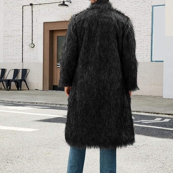 Men's Winter Turn Collar Faux Fur Coat Long Sleeve Shaggy Parka Overcoat Warm Thick Outwear Cardigan Jacket