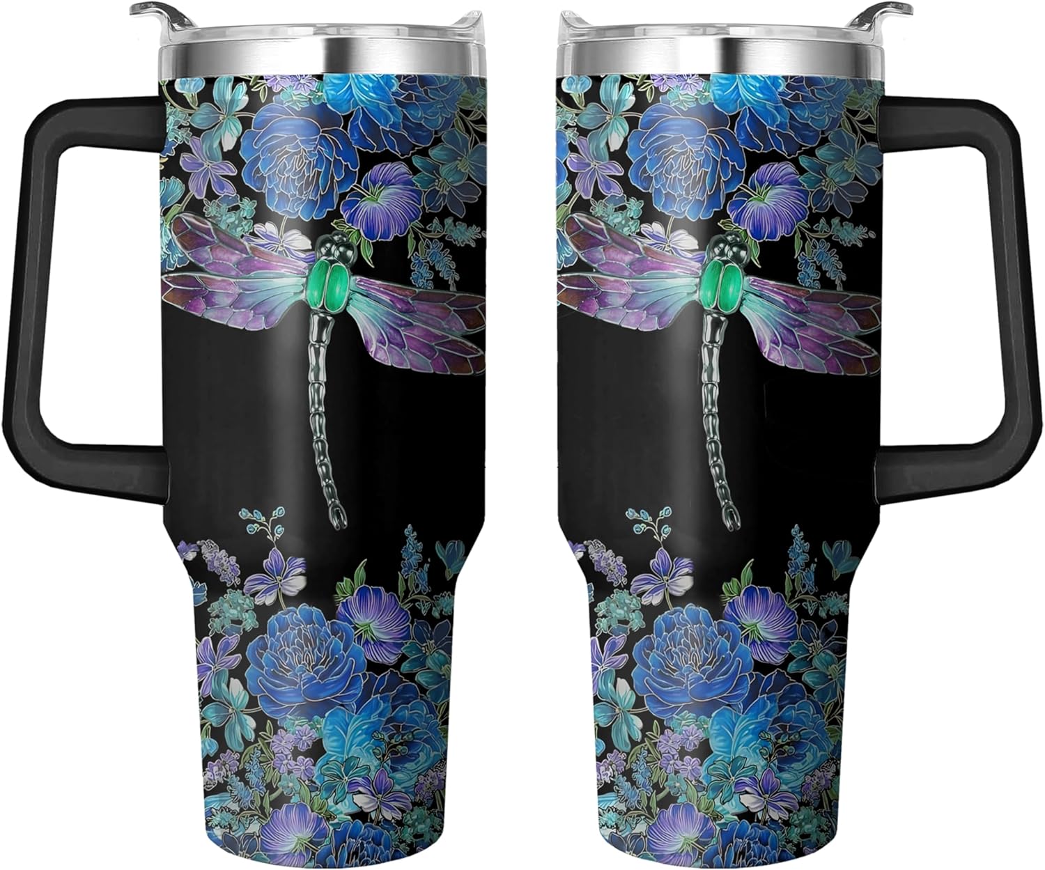 Stainless Steel 40 Oz Double Wall Insulated Reusable Dragonfly Mug With Handle and Straw, Leak Proof Coffee Travel Cup Gift for Women