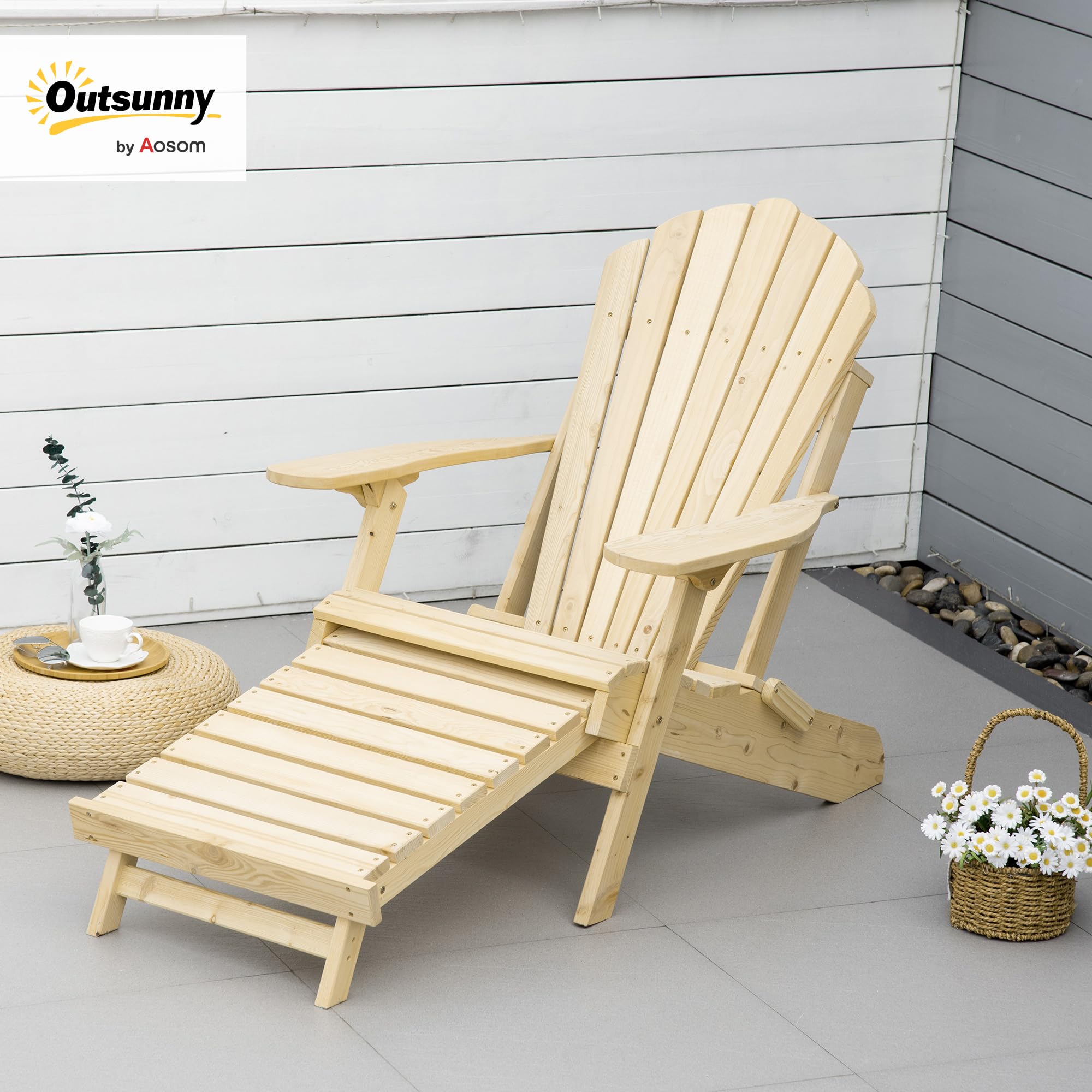 Outsunny Adirondack Stuhl Klappbar Adirondack Chair aus Holz Outdoor Gartenstuhl mit Fußstütze Hoher Rücken- und Armlehnen Balkonstuhl Gartensessel für Garten, Balkon 78 x 140 x 94cm Natur