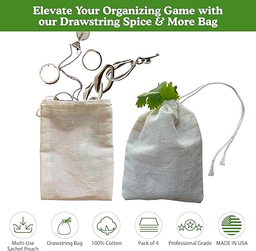 Miniatura 7 de Regency Wraps Bolsa con cordón 100% algodón, bolsas para guardar especias a granel, té, popurri y joyas, mini bolsas 100% algodón, 3 x 4 pulgadas,