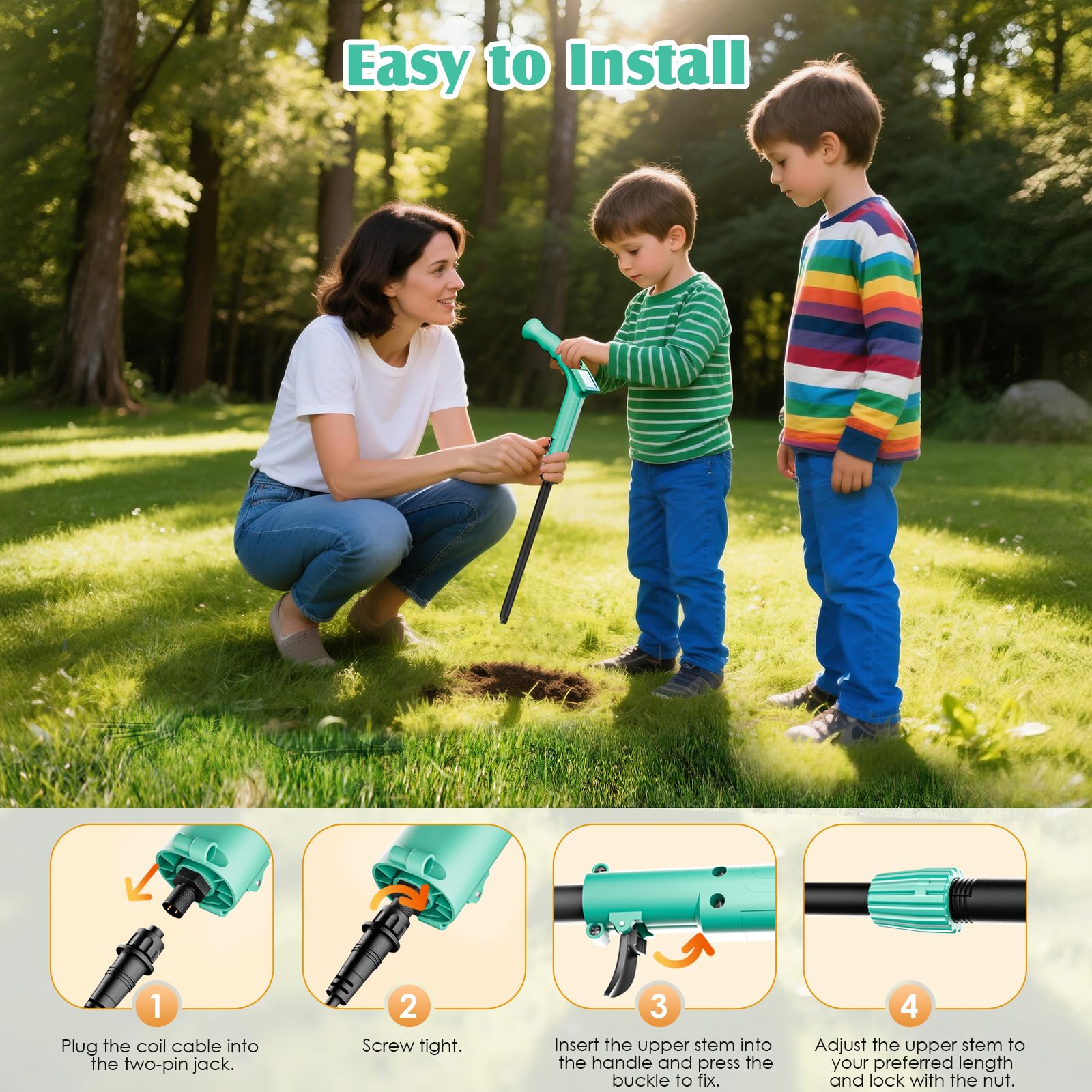Metal Detector Bambini, Metal Detector per Bambino Leggero con Asta Regolabile 66-83 cm, Display LCD e Bobina di Ricerca Impermeabile, Pala, Rastrello, Setaccio e Borsa, Verde