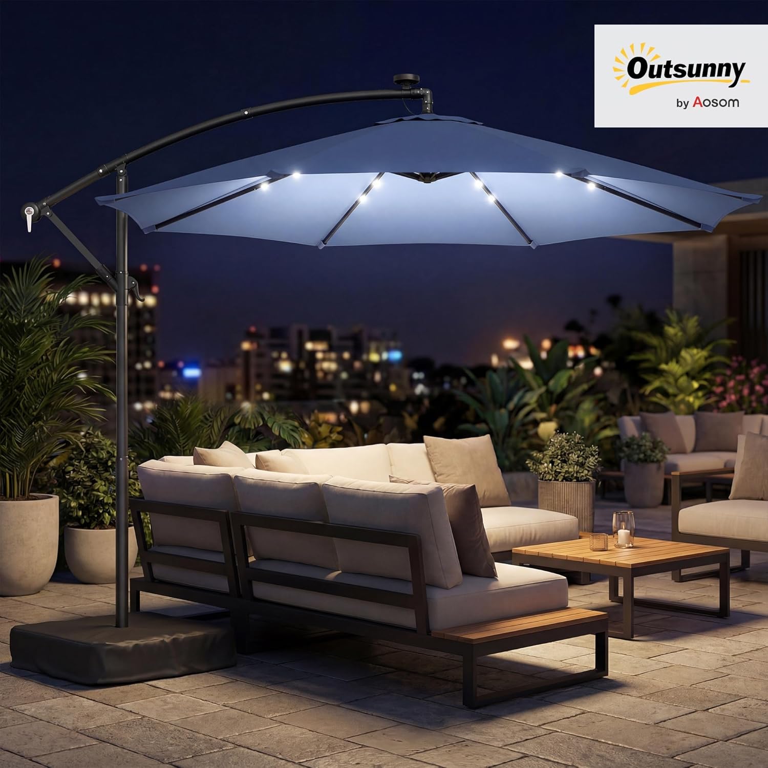 Outsunny 10 ft Cantilever Patio Umbrella with Solar LED Light, Sandbag Weight, Offset Hanging Outdoor Market Umbrella with Protective Cover, Crank and Tilt, Dark Blue