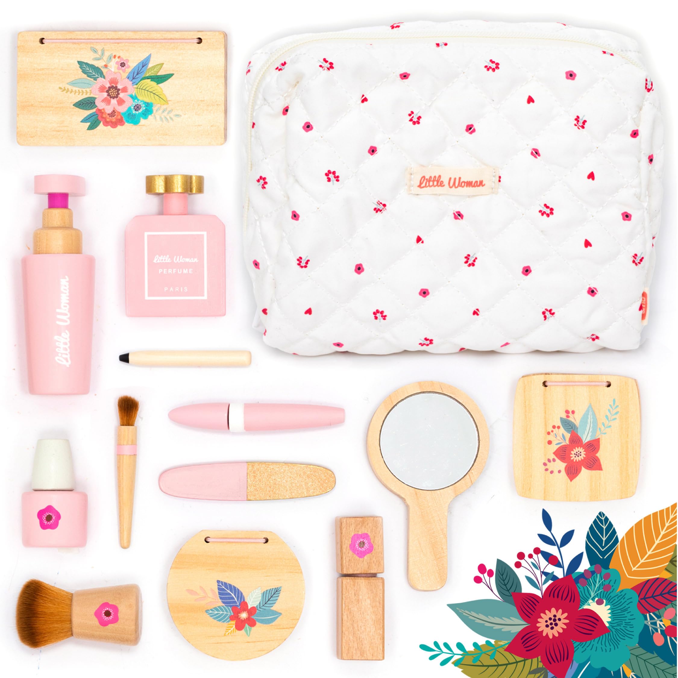 UMU® Stylish Wooden Beauty Set Little Woman for Girls, Makeup Playset 17 Piece Kit with Makeup, Brush