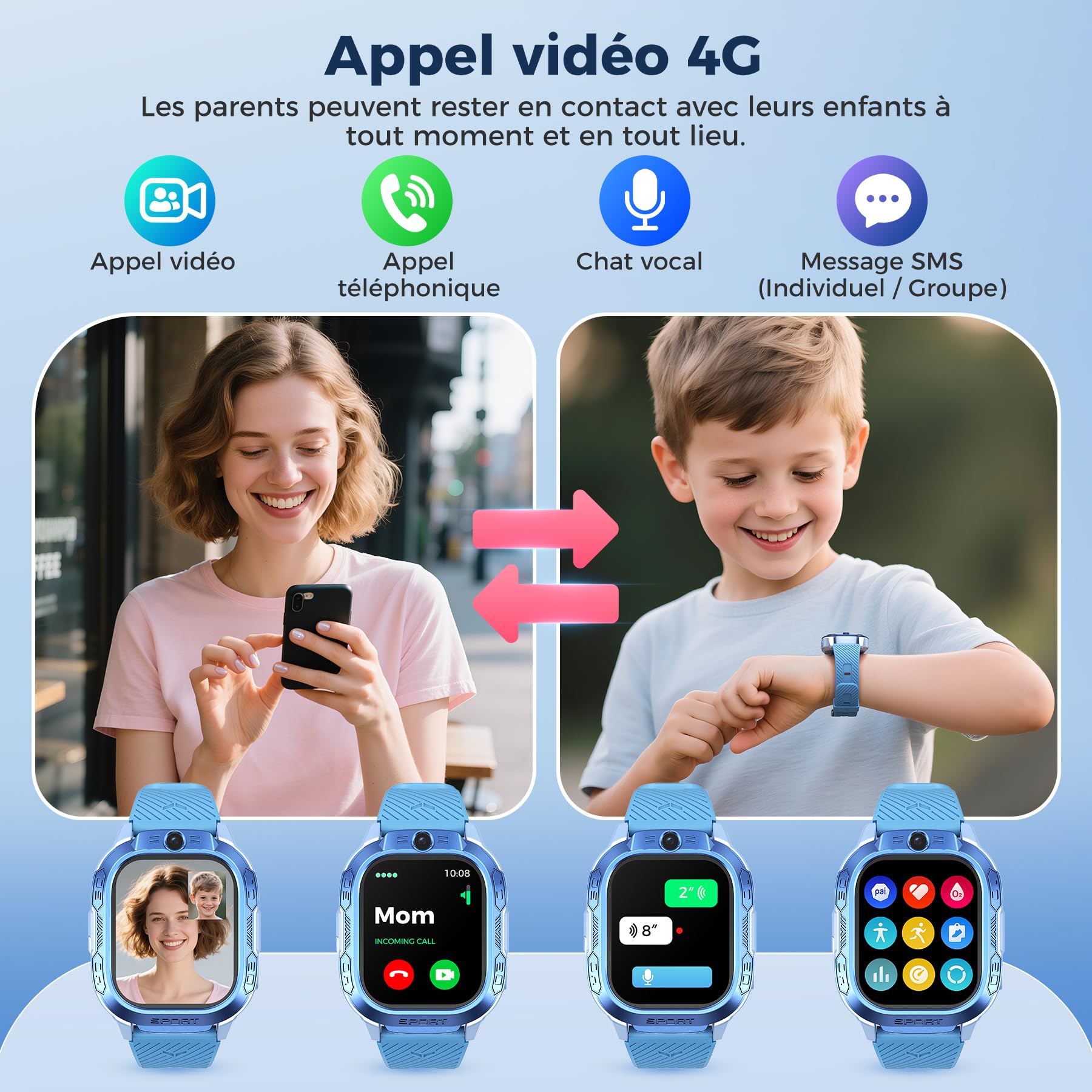 Montre Connectée Enfant GPS et Téléphone – ChatGPT AI Montre Intelligente avec Appels Vidéo, Chat Vocal, SMS, WiFi, 47 Jeux, Mode Scolaire, 4 Modes Sportifs, Cadeau pour Enfants dès 4-13 Ans (Bleu)