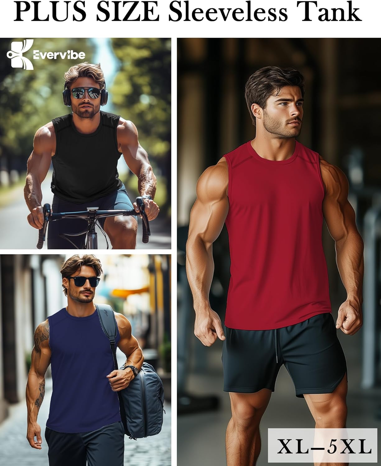3 Pack Men's Big and Tall Tank Tops, Crewneck Sleeveless Tee Shirts Workout Swim Running Gym Muscle Shirts - Image 2