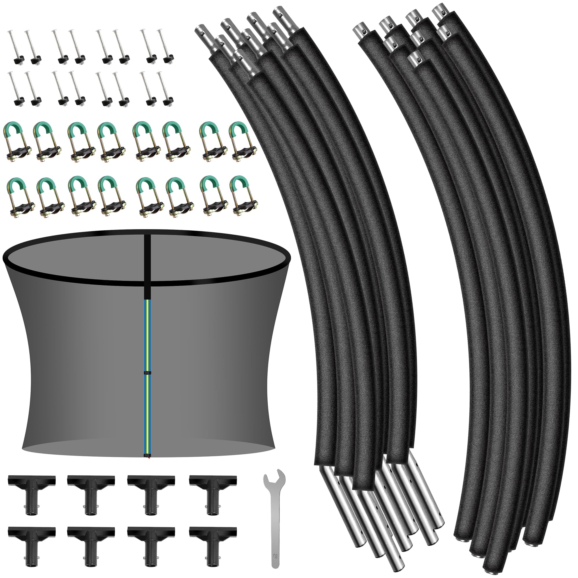 Photo 1 of 8PCS Trampoline Curved Pole and 14FT Trampoline Replacement Net, Universal Trampoline Enclosure Net with Replacement Pole, Plastic T Connector & Fiberglass Rods Fits 14" Round Frame with 8 Curved Pole