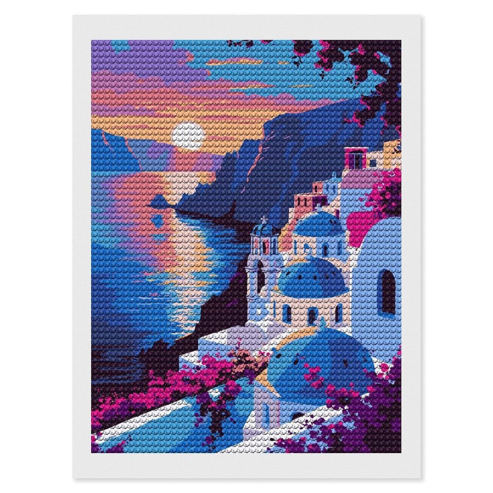 Junmoney Santorini Sunset Illustration(2) Diamond Painting Set 12"x16", Modern Decor, for Beginners, Printed Canvas, Thoughtful Handmade Gift, with Tool Kit