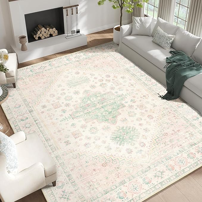 MUJOO 9x12 Area Rug,Washable Rugs for Living Room Bedroom Dining Room,Boho Large Non Slip Throw Carpet Indoor,Low Pile Light Pink and Green