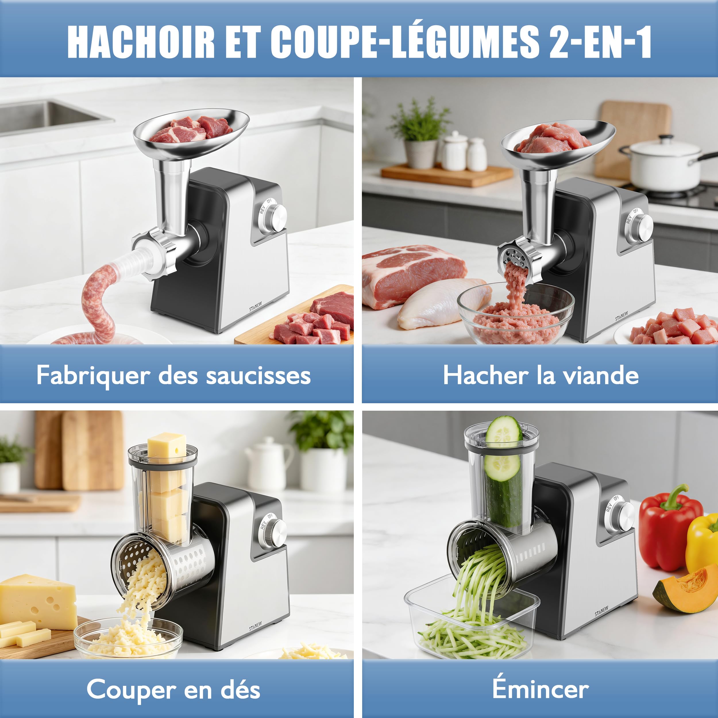 Hachoir à Viande Électrique 2500W STANEW Professionnel 5 Lames Inoxydables Multifonction Trancheuse Râpe Accessoires Complets Design Compact pour Préparations Maison