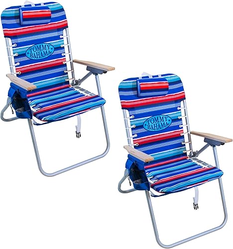 Vista 11 de Tommy Bahama Hi-Boy 17" Seat Height 4-Position Lace-Up Suspension Folding Beach Backpack Chair Logo Stripe