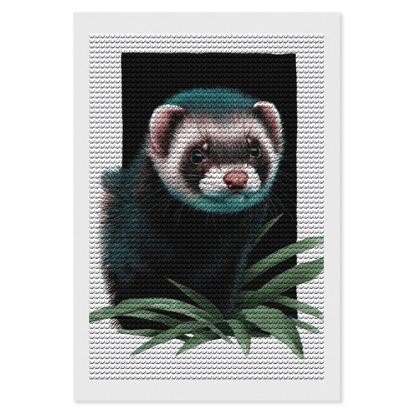 Junmoney Intricate Ferret Portrait with Botanical Detail Diamond Art Kit 8"x12", Modern Decor, for Adults, Printed Canvas, Holiday Gift Idea, Fun Craft Experience
