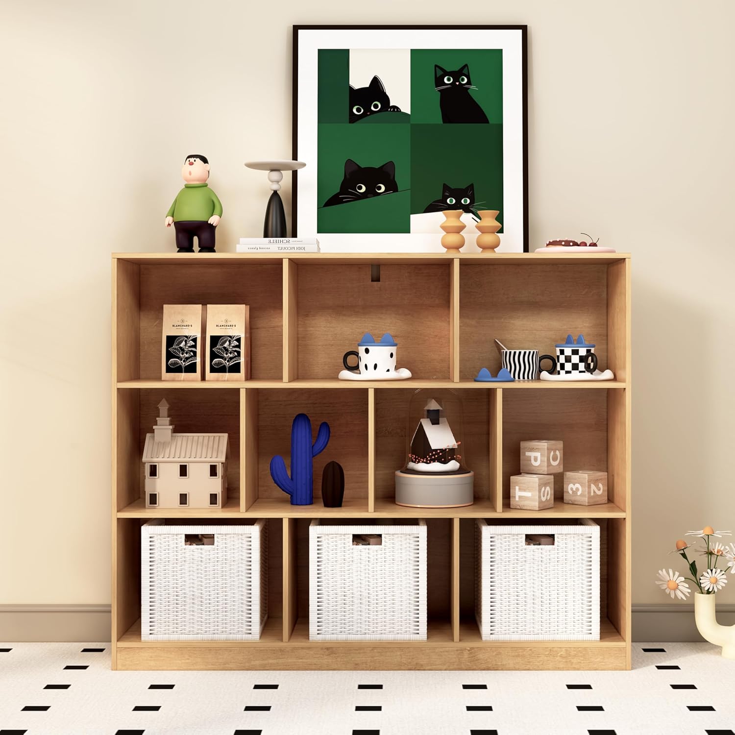 10-Cube Wooden Bookshelf with Base,3-Tier Freestanding Open Storage Organizer,Multi-Functional Bookcase for Living Room,Bedroom,Study and Office (Oak, 10-Cube)