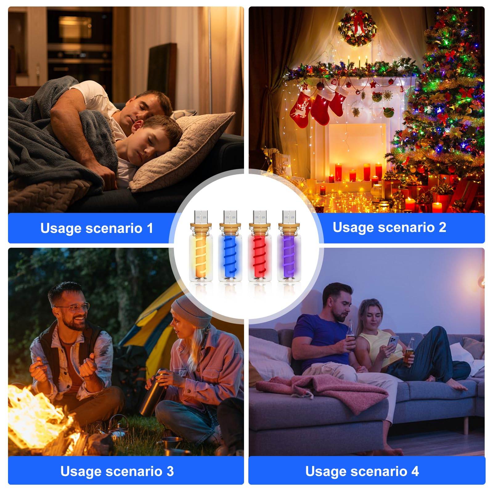 4 luci notturne a LED USB, mini luce LED per auto, dimmerabile, lampada USB con touch, retro USB, luce notturna in vetro trasparente, luce notturna bianca calda, rosso, blu, viola