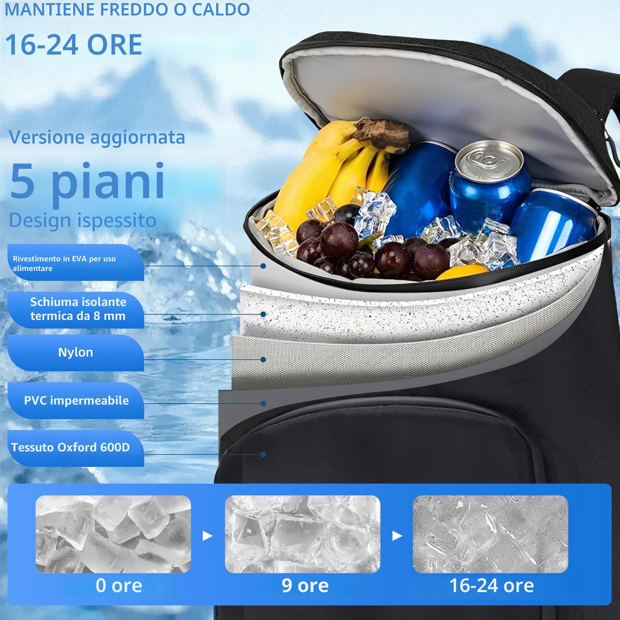 Zaino termico da campeggio, capacità di 24 litri, isolato, impermeabile, a prova di perdite, portatile, borsa termica morbida, per spiaggia, viaggi, picnic