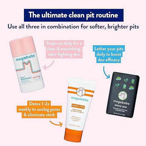 Miniatura 2 de Megababe Ultimate Underarm Paquete de 3 piezas – Desodorante diario Rosy Pits de 2.6 onzas, jabón desintoxicante Space Bar de 3.5 onzas y máscara de