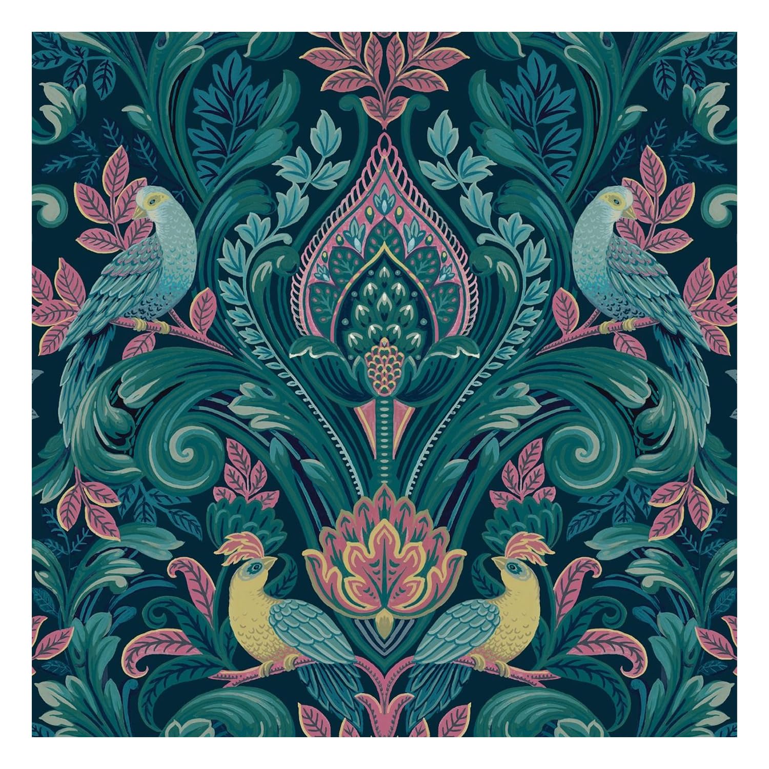 Grandeco Arcadia Wallpaper Birds Leaves Naturistic Textured Pink