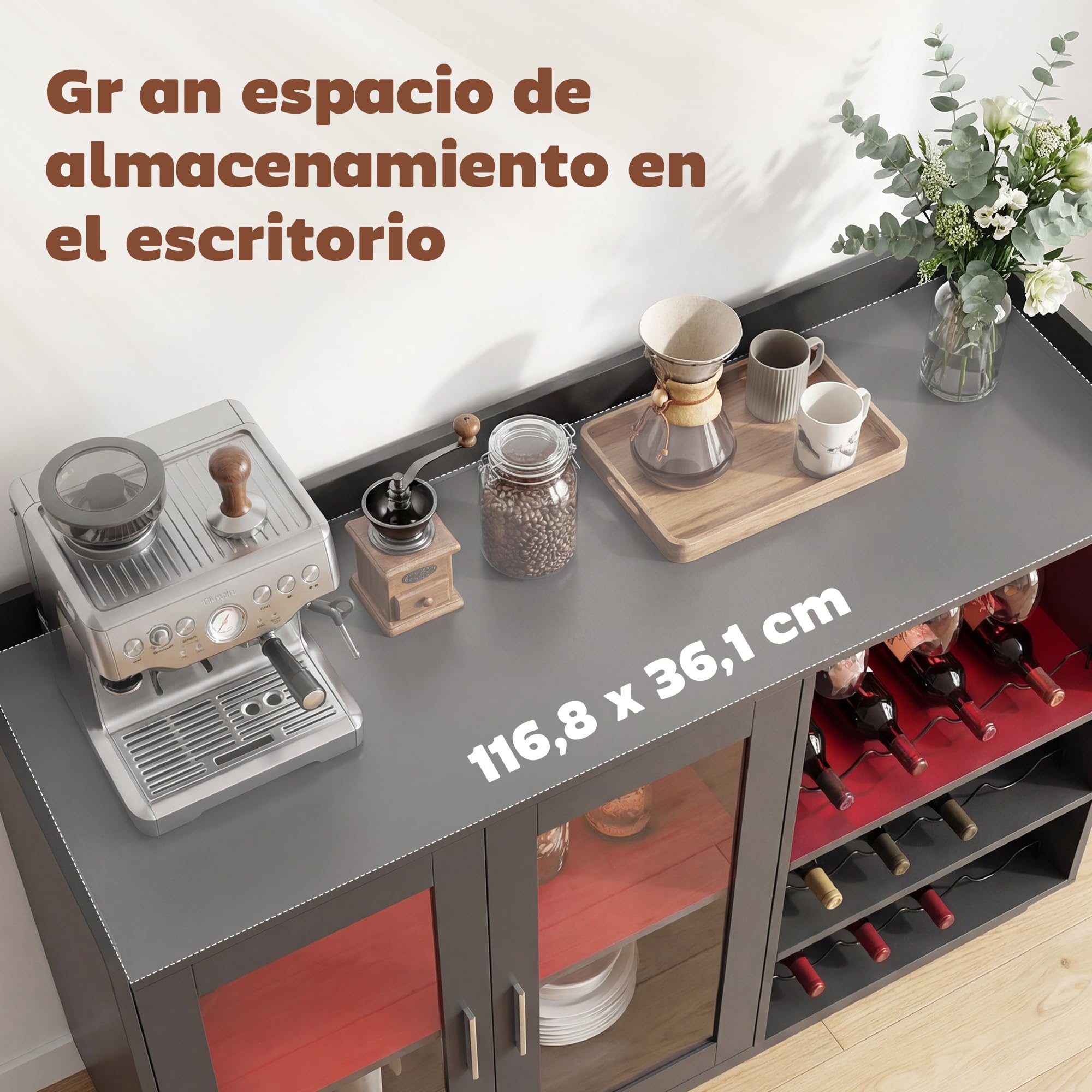 HOMCOM Mueble de Bar, Armario Buffet para Vinos con Luces LED RGB y Botellero para 12 Botellas, Aparador de Cocina con Estante Ajustable y Puertas de Cierre Suave, para Comedor, Salón, Negro