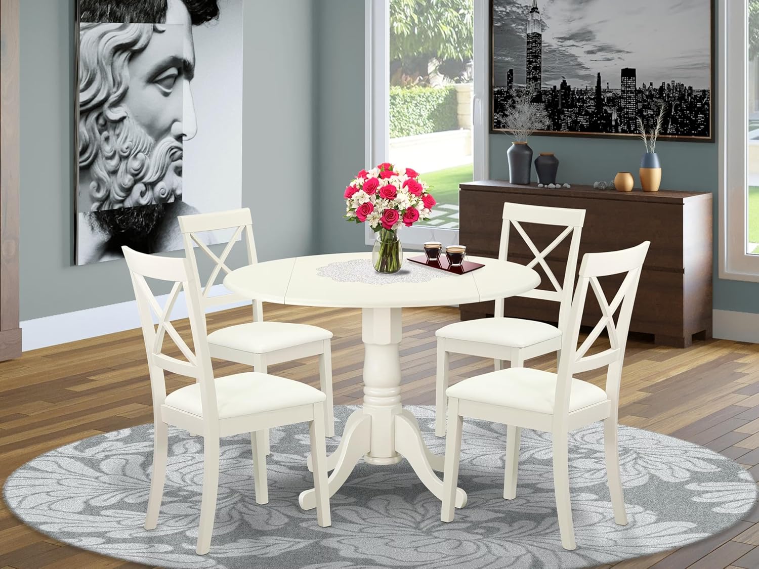 East West Furniture DLBO5-LWH-LC 5 Piece Dining Room Furniture Set Includes a Round Kitchen Table with Dropleaf and 4 Faux Leather Upholstered Dining Chairs, 42x42 Inch, Linen White image 2 of 7 B07HNVR4SN
