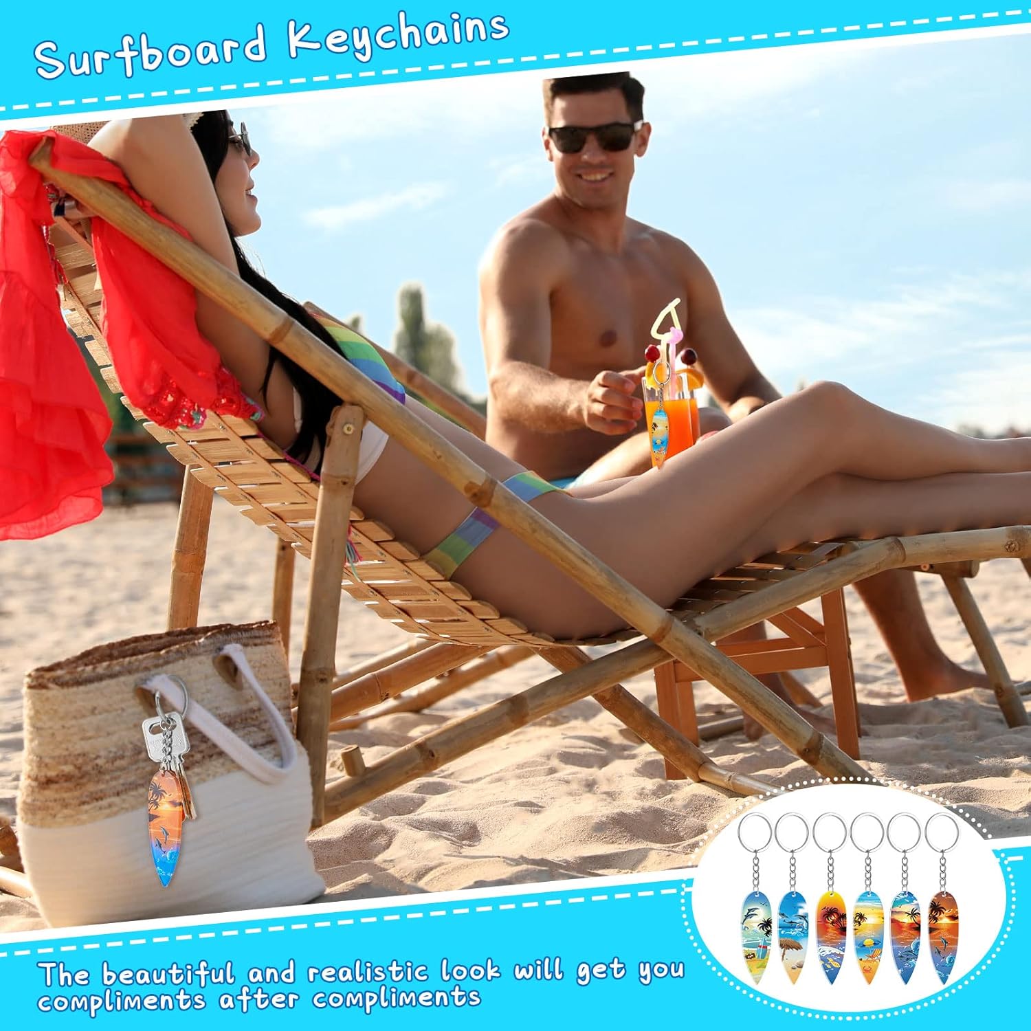 Henoyso 24 Pcs Beach Summer Party Favors Surfboard Keychains Gifts Bulk Acrylic Mini Surfboard Sea Turtle Coconut Tree Key Chains for Florida California Hawaiian Bahamas Souvenirs Supplies - Image 6