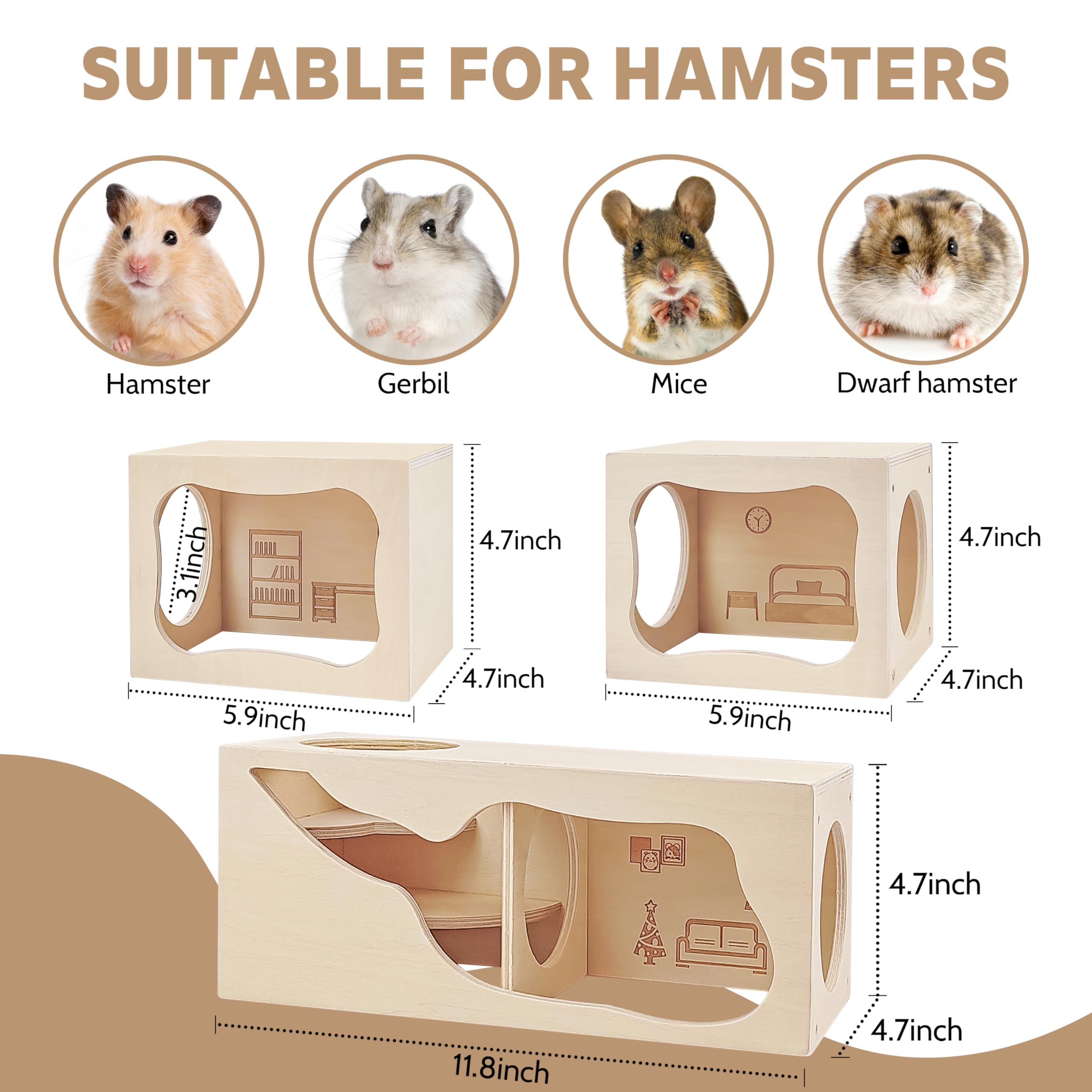 Hamster Hideout Wooden House,Hamsters Multi Chamber Hideout,Small Animal Habitat for Clear Observation,Hamster Toys for Dwarf Hamstersm,Gerbils - Image 4