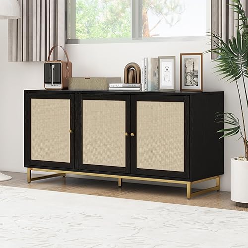 Miniatura 8 de Aparador de buffet con puertas decoradas de ratán, gabinete de buffet, gabinete de ratán de 3 puertas con patas de metal para sala de estar,