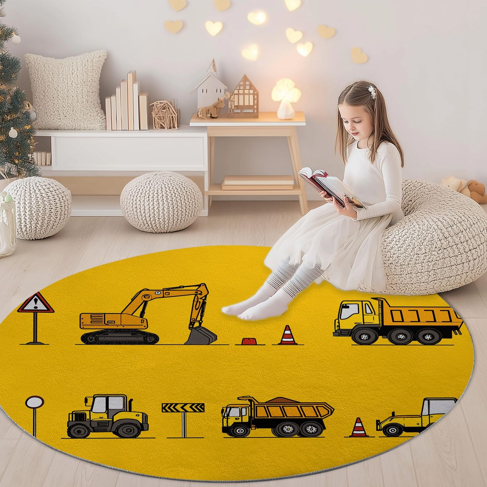 Veicoli Da Costruzione Cartone Animato Tappeto Salotto Rotondo Giallo Flanella Camera Da Letto Tappeti Rotondo, Cucina Antiscivolo Lavabile - Per Tavolino Da Salotto Bagno Tappeto Cameretta 120 cm