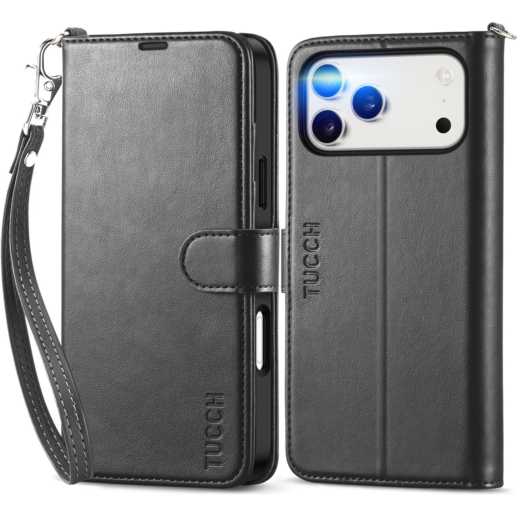 TUCCH Wallet Case with Wrist Strap for iPhone 18 Pro Max/17 Pro Max, Black