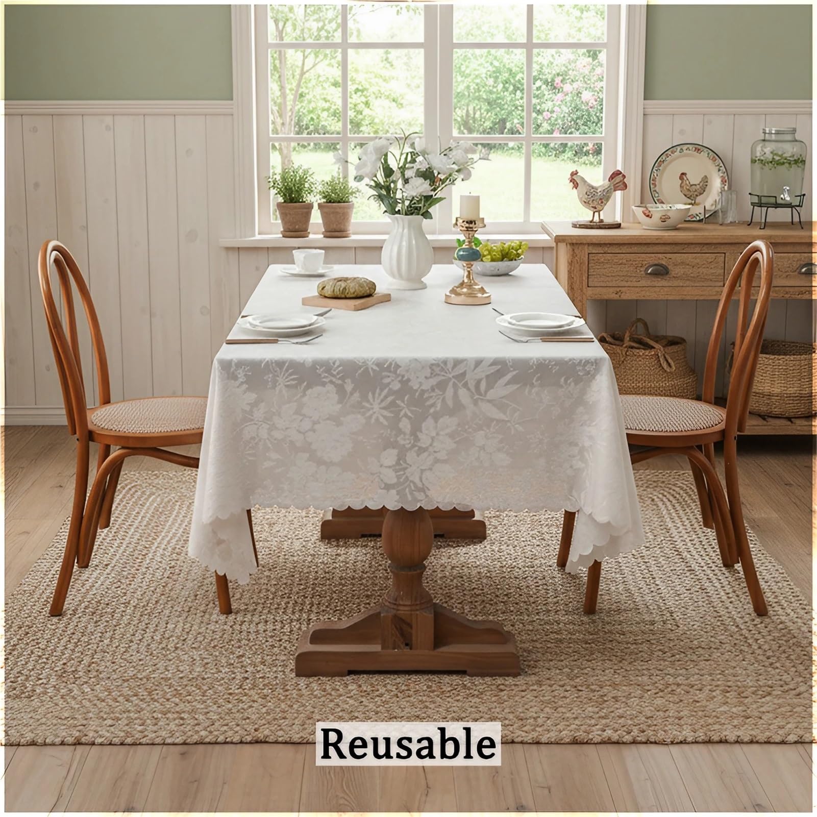 Tovaglia Elegante Rettangolare in Poliestere per Cucina o Sala da Pranzo, Ricamo con Frange, Floreale Vintage, Lavabile e Facile da Pulire | Antiscivolo Giardino(Beige D,150 x 260 cm)
