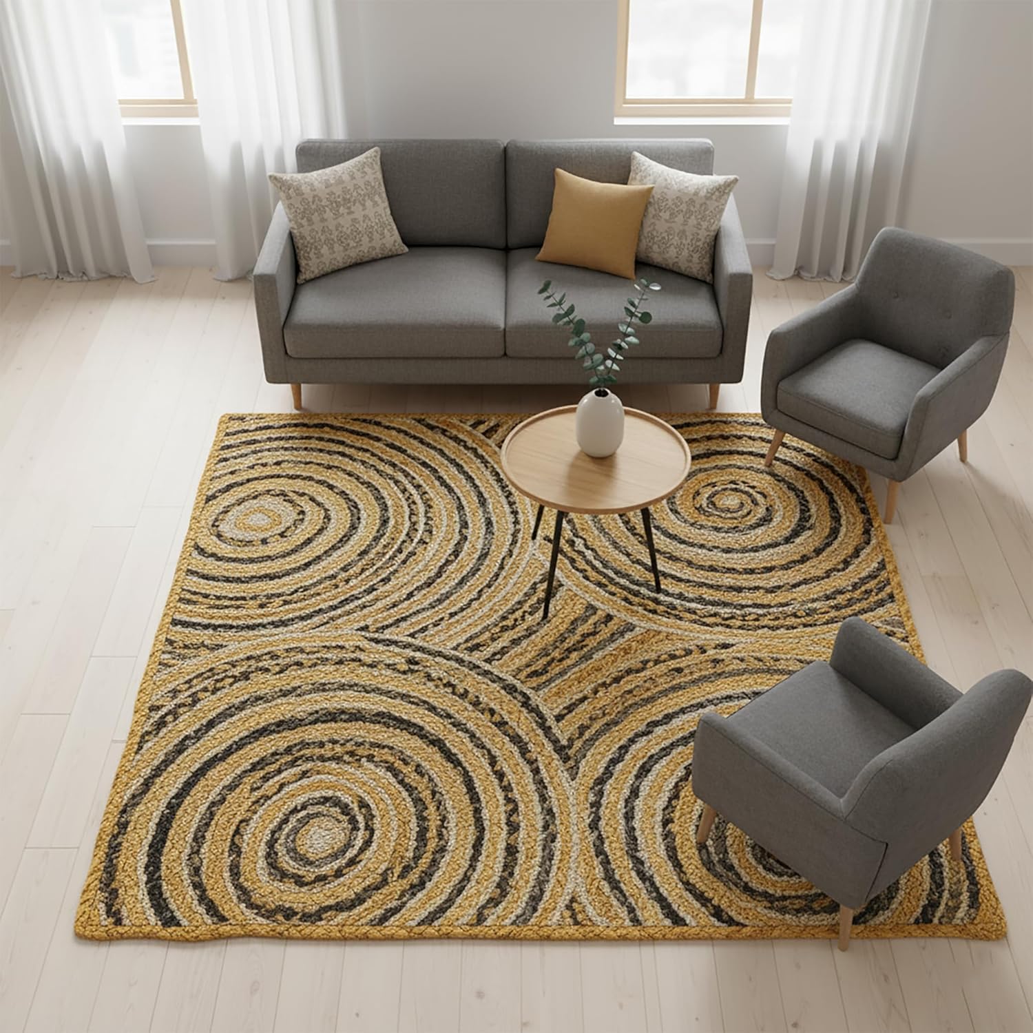 Premium Quality Jute Rug 12x15 Feet Area Rug Natural Fiber Jute Rugs Thick 0.27" Yellow & Black Chindi Geometric Rugs for Living Room Rustic Vintage Bohemian Décor Outdoor Carpet