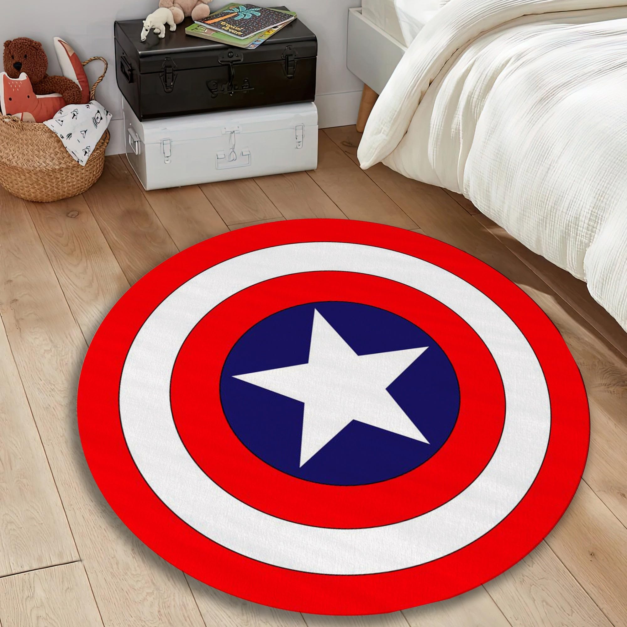 Rugendary Decorative Shield Rug Round Extra Soft Surface Playroom Rug Machine Washable Thick Super Hero Children Kids Room Carpet Gift for Superhero