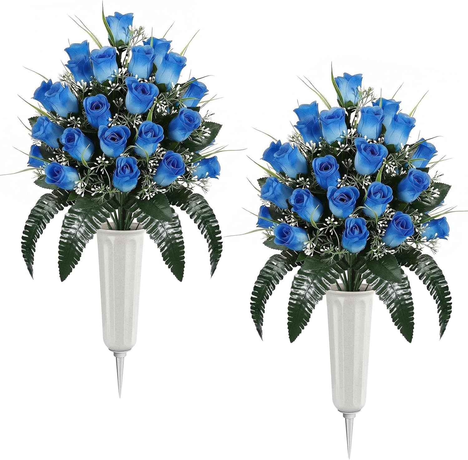 Lewondr Artificial Cemetery Flowers with Vase, 2 Sets Outdoor Grave Decorations UV Resistant Silk Rose Bouquet Graveyard Memorial Day Flowers for Cemetery Headstones Decoration, Blue