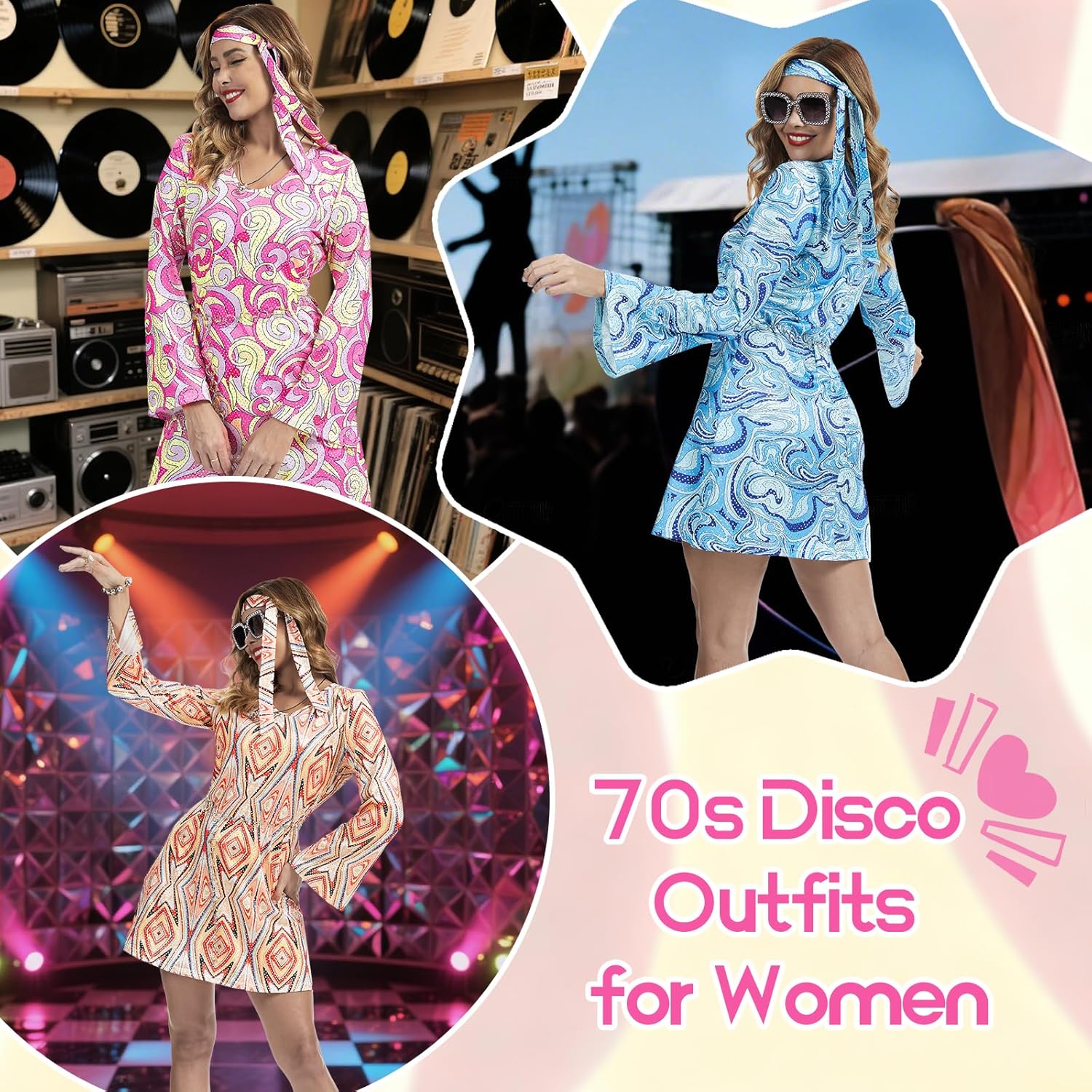 70s Disco Outfits for Women, 7 Pcs 60s Outfits Hippie Costume Women Accessories Jewelry Prom Bling Dress - Image 5