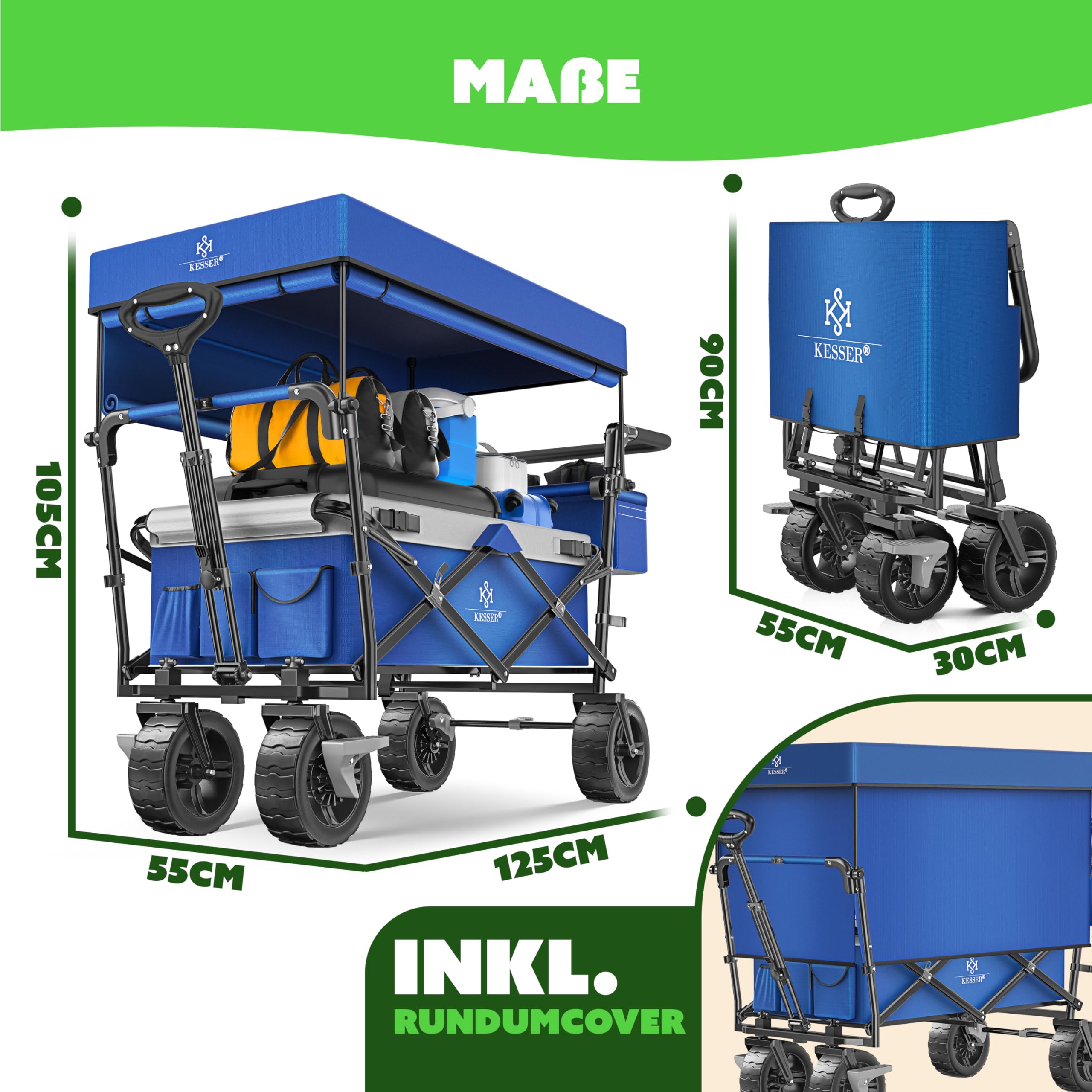 KESSER® Carrello pieghevole XXL con tettuccio GT9000, carrello pieghevole fino a 150 kg, per bambini, spiaggia, campeggio e giardino, grande carrello di trasporto con ruote in gomma rigida, freni