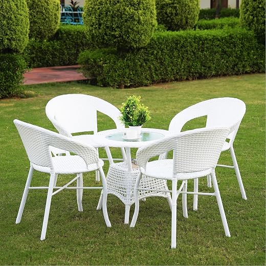 Outdoor Furniture Set with 4 Chairs &amp; Glass Top Table (Rattan) | Patio Balcony Wicker Bistro Set | Weather Resistant Outdo...
