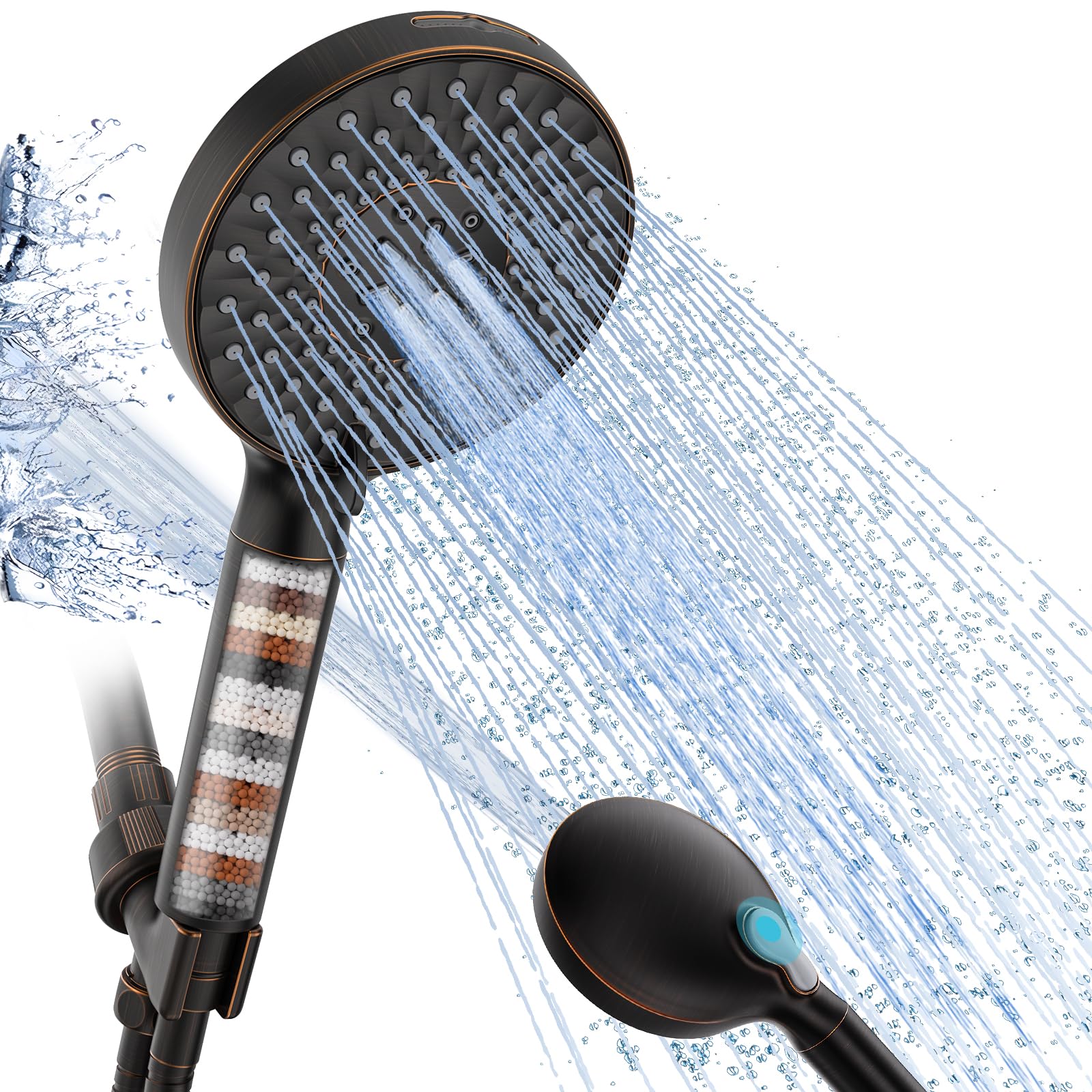 SR SUN RISE Filtered Shower Head with Handheld, High Pressure 9 Spray Mode ORB Showerhead with Filters, detachable shower head,Water Softener Filters Beads for Hard Water - Remove Chlorine